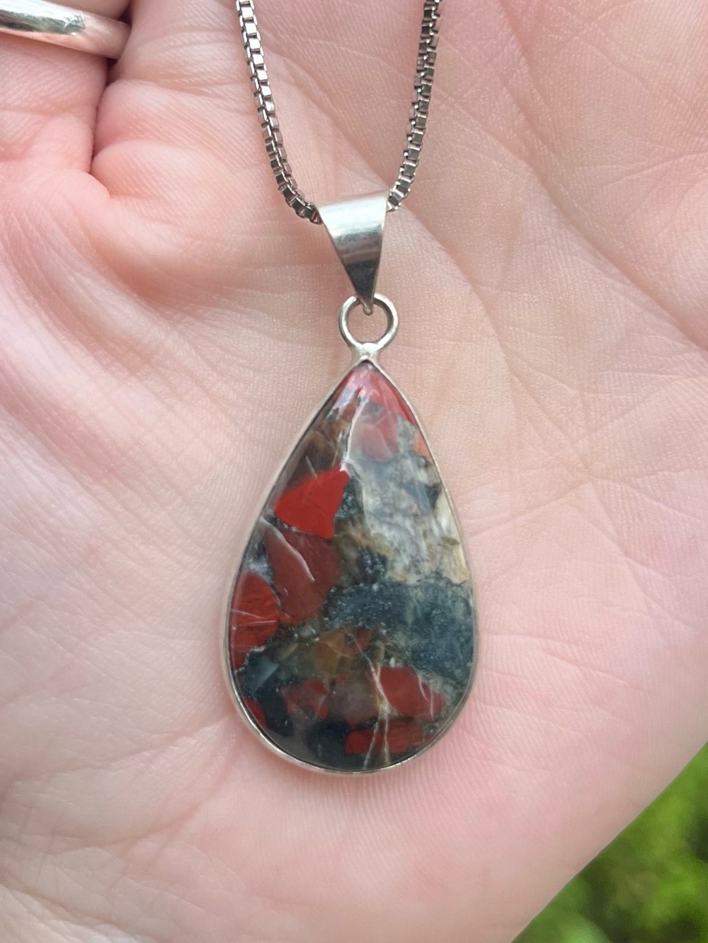 Sterling Teardrop Bloodstone Pendant Necklace silver chain- Red Black